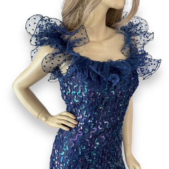 Vintage 80s Blue Sequined Party Dress | Ruffled Shoulders | Size Small‎ 4 - Picture 6 of 10